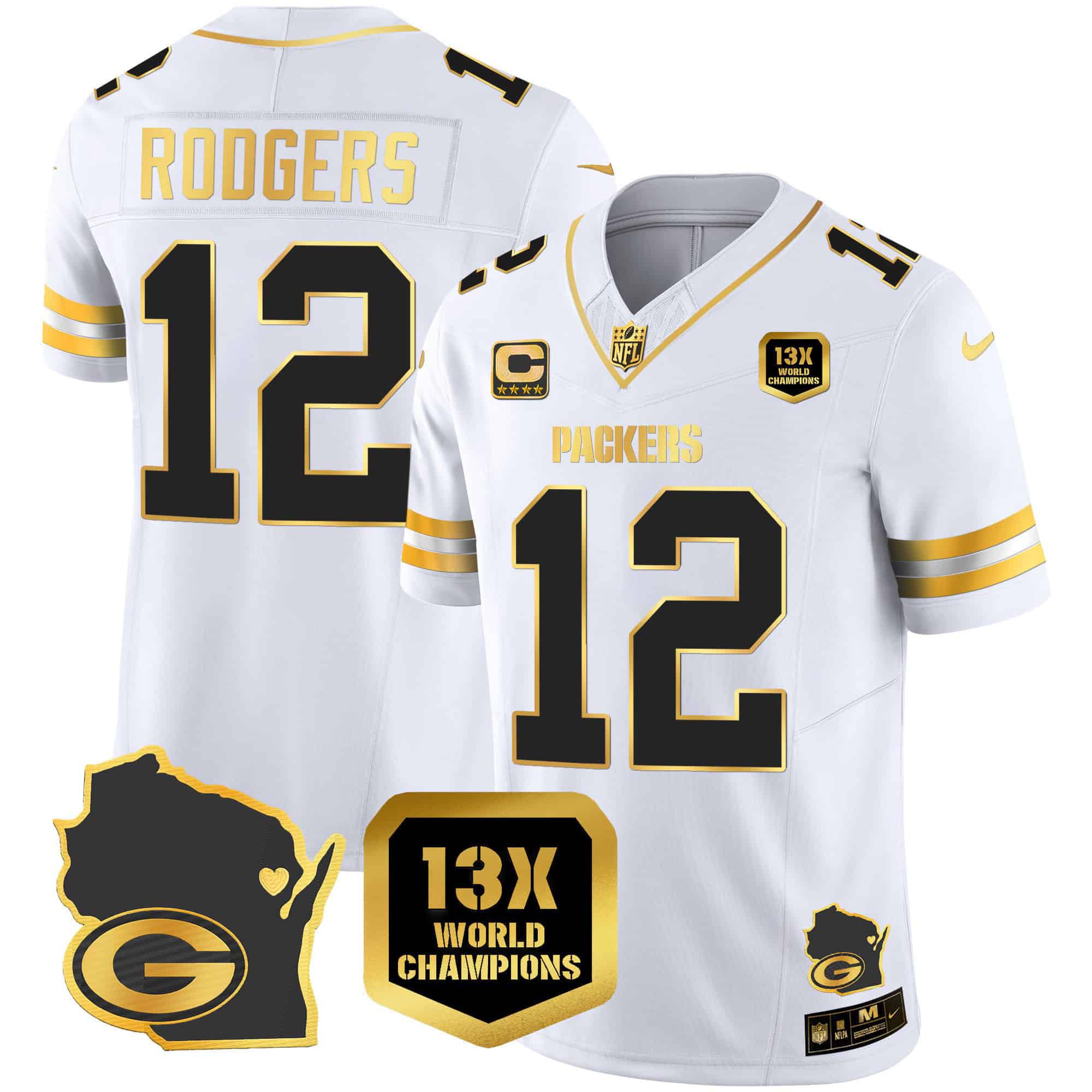 Men Green Bay Packers 12 Rodgers White Gold 2024 Nike World Champions Home Patch Vapor NFL Jersey